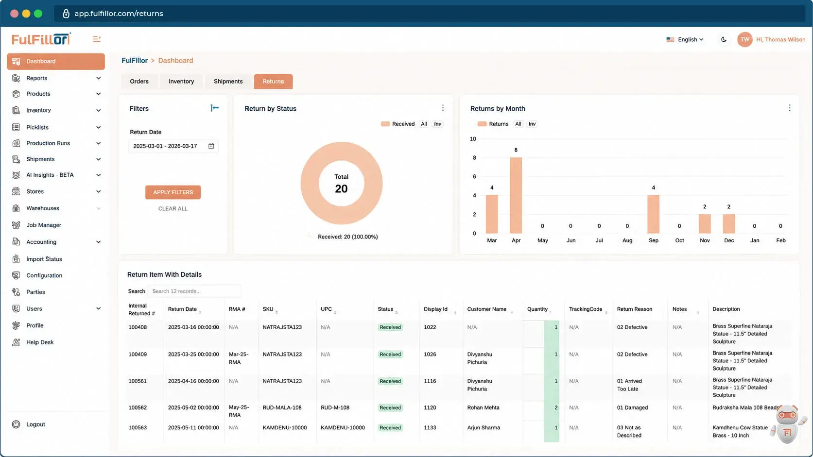 Fulfillor WMS returns dashboard