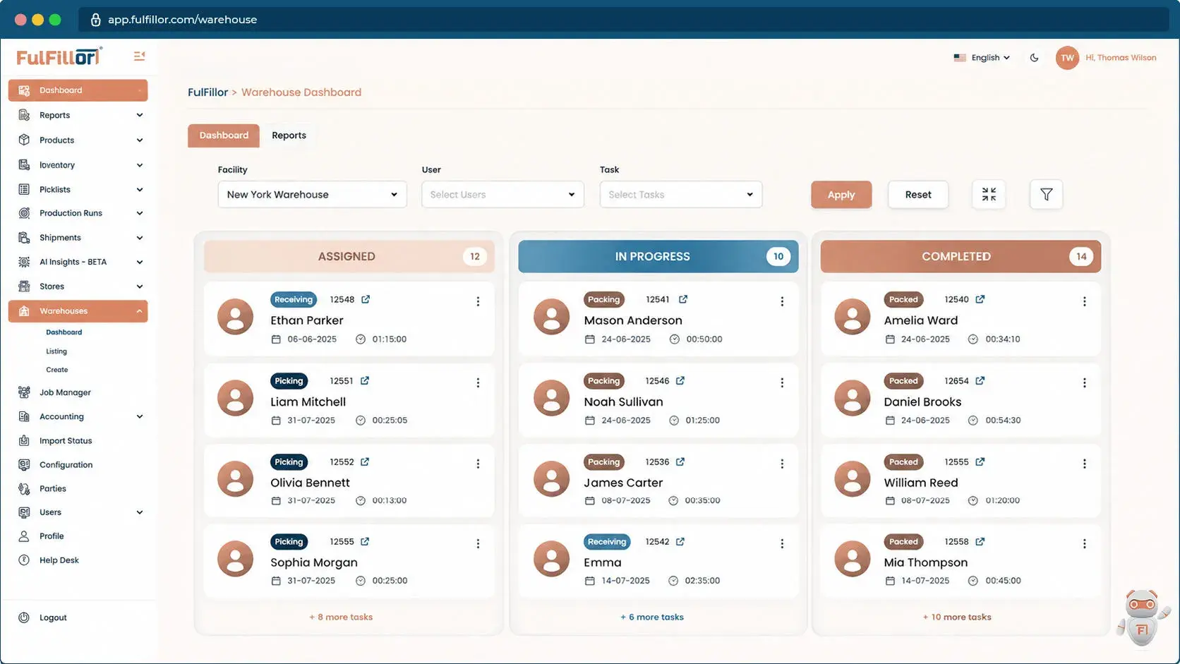 Fulfillor WMS warehouse dashboard